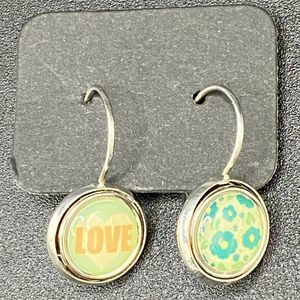 Silver Plated Love and Aqua and Green Flower Leverback Earrings